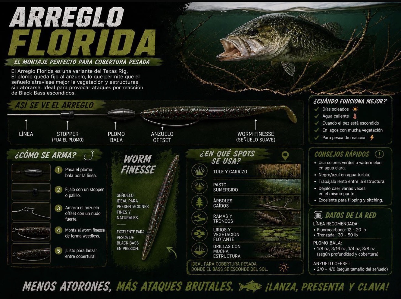 Florida Rig infographic showing setup, components, and best spots for bass fishing